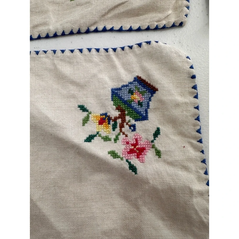 Vtg Embroidered Linen Napkins Set Of‎ 4 10x10 needlepoint country granny boho